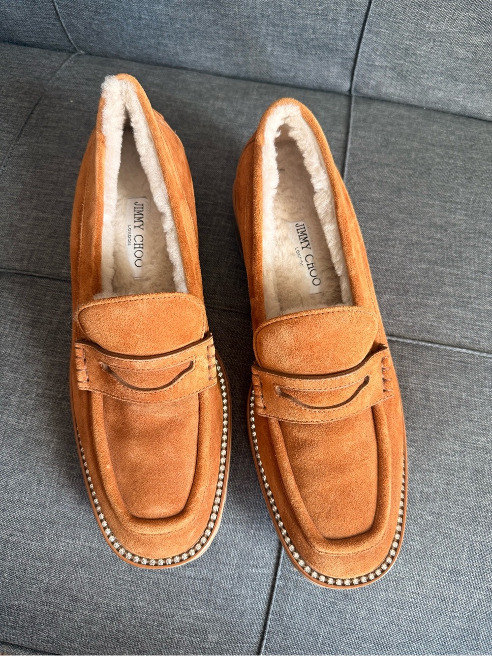 Jimmy Choo Suede Penny Loafers in Cognac Tan with Studded Trim